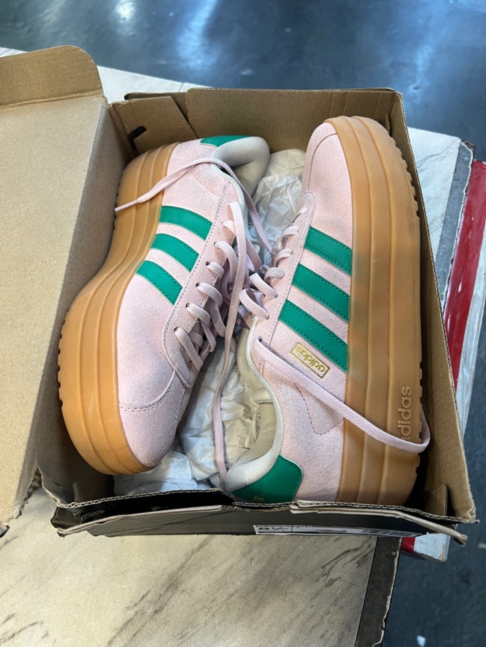 Adidas VL Court Bold 8.5 Pink Suede Platform Sneakers with Green Stripes